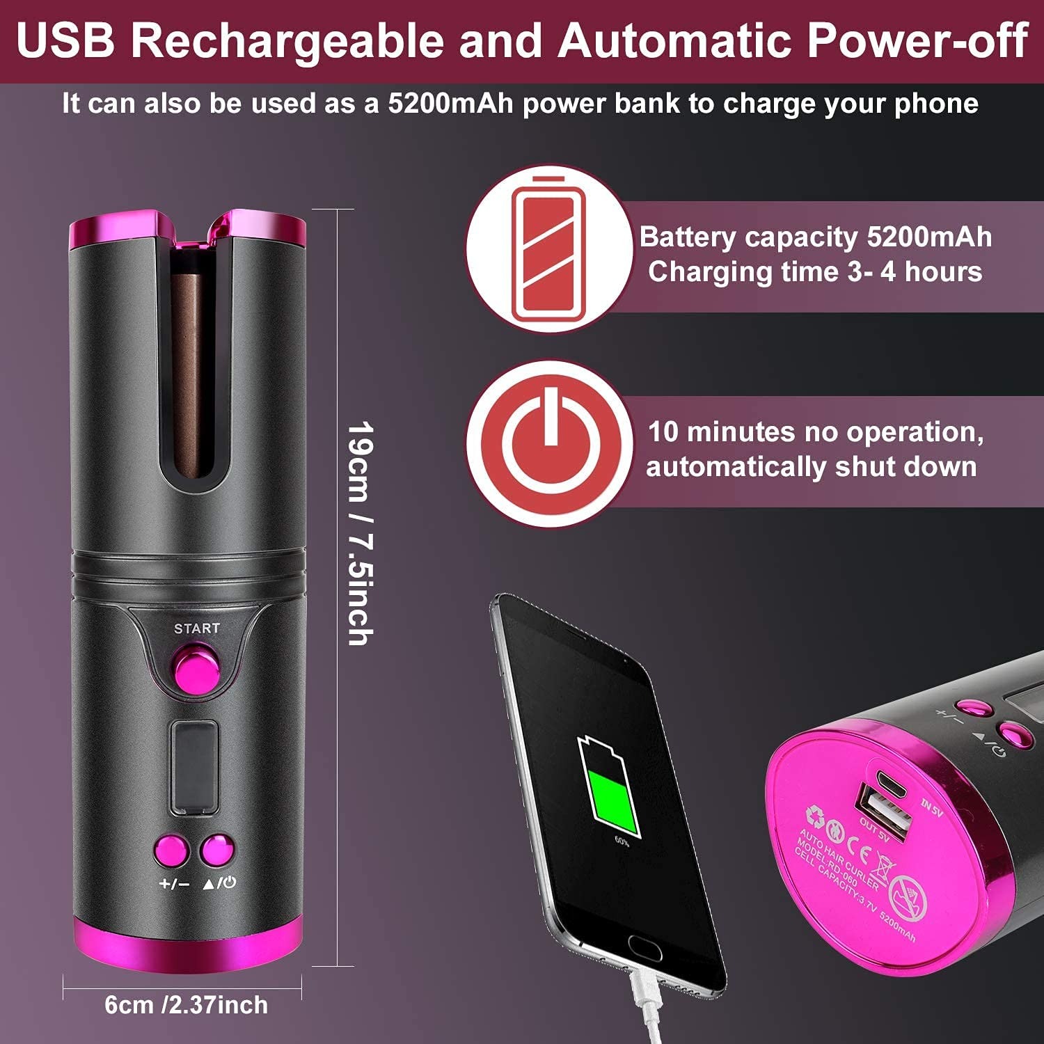 Cordless Hair Curler – Automatic Hair Curling Iron with Heatless Rotating Technology, 3 Temperature & Timer Settings Image