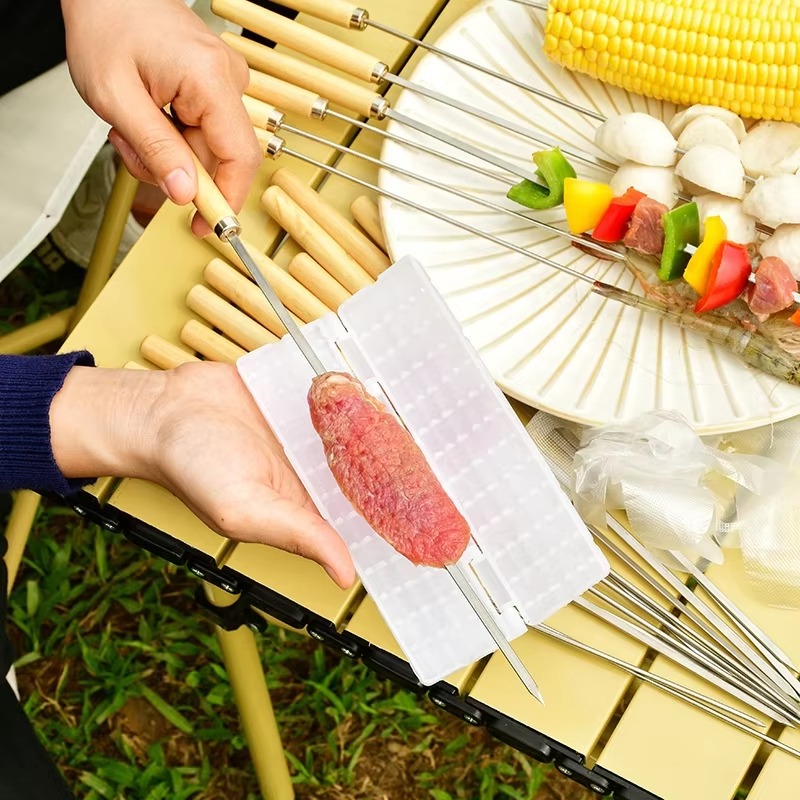 6 Pcs Kebab Skewers | Barbecue Skewers with Wooden Handle | Reusable Stainless Steel Metal BBQ Kabab Sticks Image