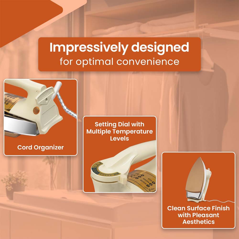 OE-21 Dry Iron with Teflon Coating. Suitable for all fabrics, ensuring smooth, scratch-free ironing. White and golden design. Image