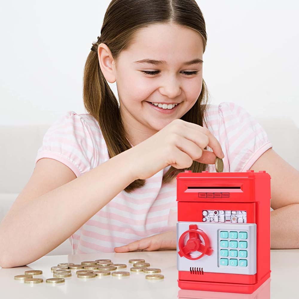 Electronic Money Bank for Kids - Password Lock, Auto Cash Scroll, ATM-Style Piggy Bank (Red) Image