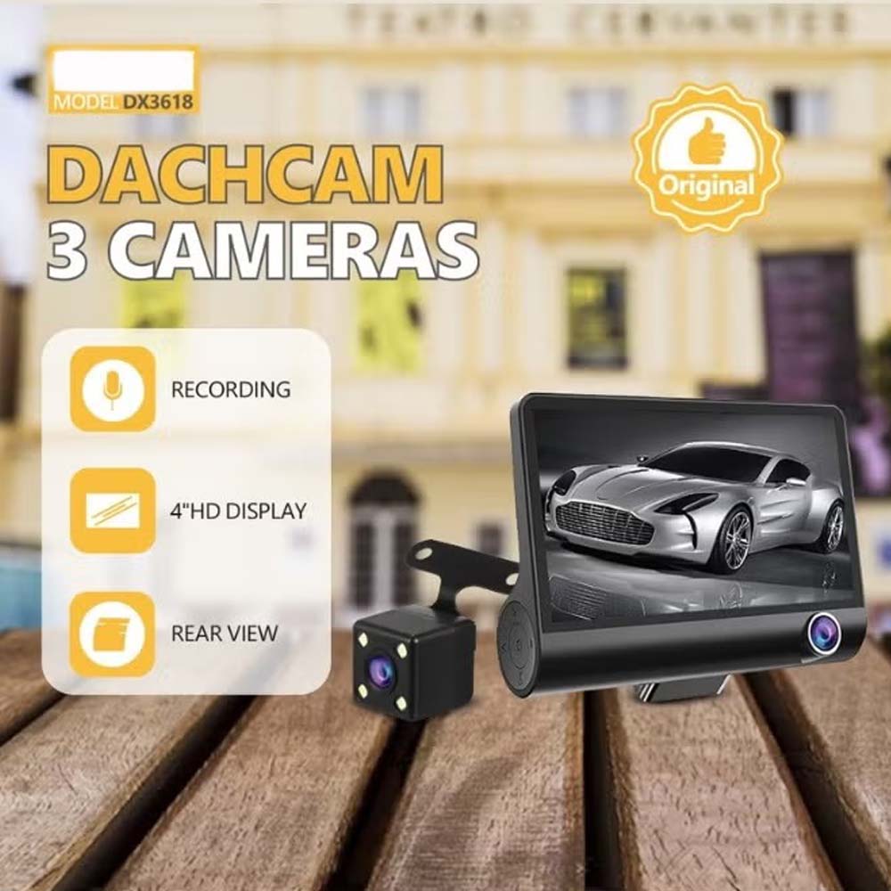 DX3618 3-Channel Car Dashcam. 4" HD display with front, rear & inside cameras. Loop recording, night vision & G-sensor. Image