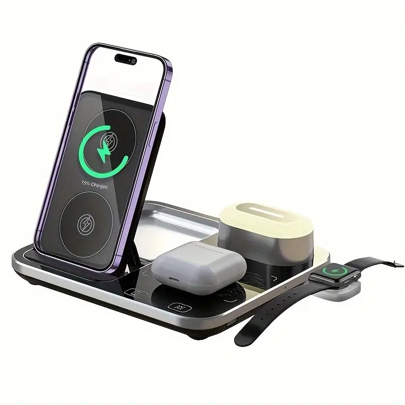 R12 Desktop Wireless Charger – 4-in-1 Automatic Lifting Station with RGB Light Effects and Sound-Controlled Lights Image