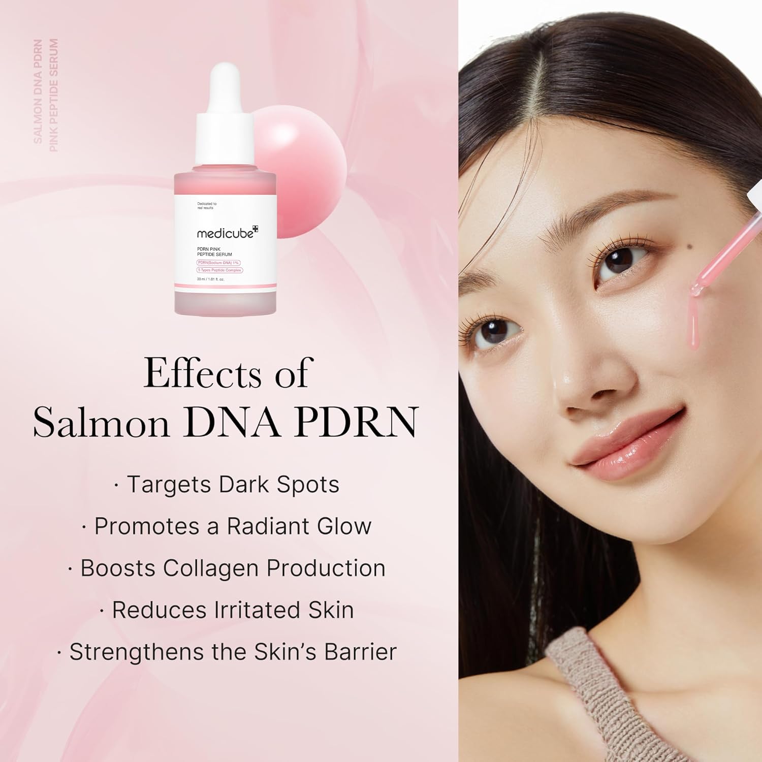 Medicube PDRN Pink Peptide Serum with Niacinamide for firming, hydrating & brightening skin tone. Korean glow serum. Image