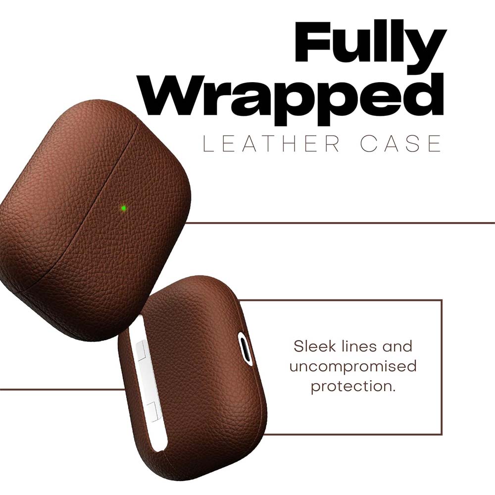 Leather Case for AirPods Pro – Handcrafted Fully-Wrapped Genuine Italian Leather with Pebble Grain Finish, Natural Brown, Premium Protection & Style Image