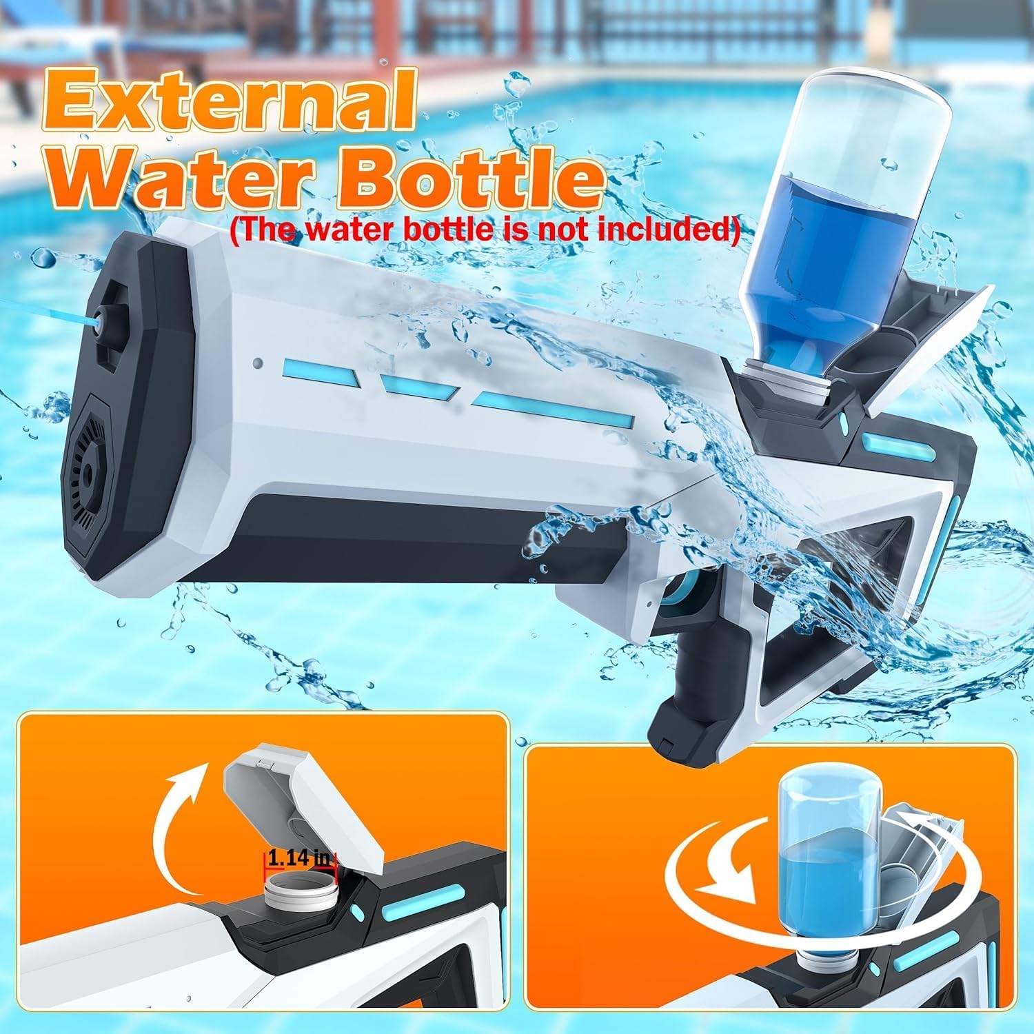 Electric Water Gun with Automatic Suction. 25-32ft range waterproof toy for adults & kids. Summer pool beach party fun. Image