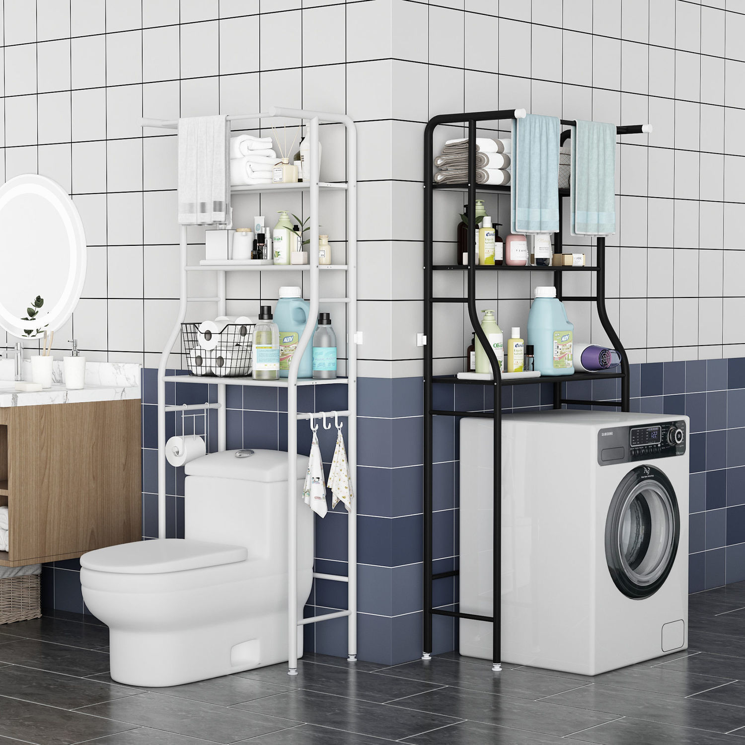 2/3 Layer Washing Machine Stand and Bathroom Storage Rack | Shelf with Towel Rack Image