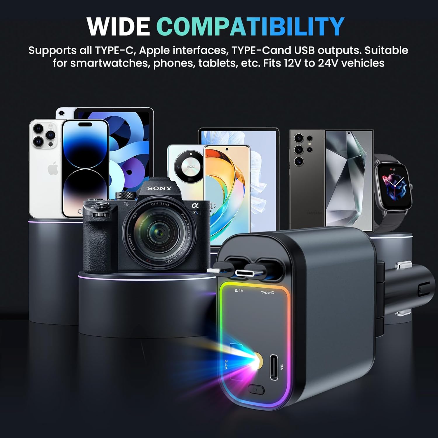 Fast 60W Car Charger with Starlight Roof – 4-in-1 Retractable USB-C Adapter, Dual USB Ports – Compatible with iPhone & Android Image