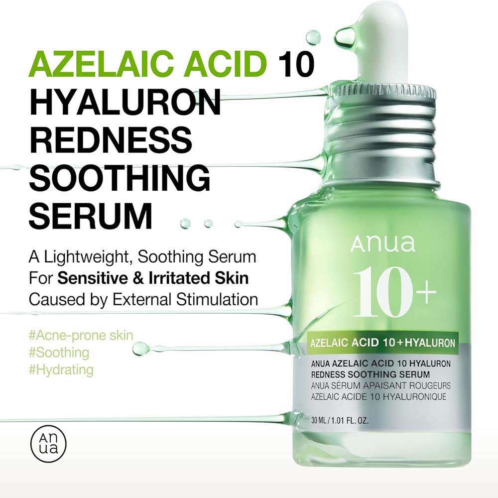 Anua Azelaic Acid 10 Soothing Serum with Hyaluronic Acid & Niacinamide for redness-prone, sensitive skin. Vegan Korean skincare. Image