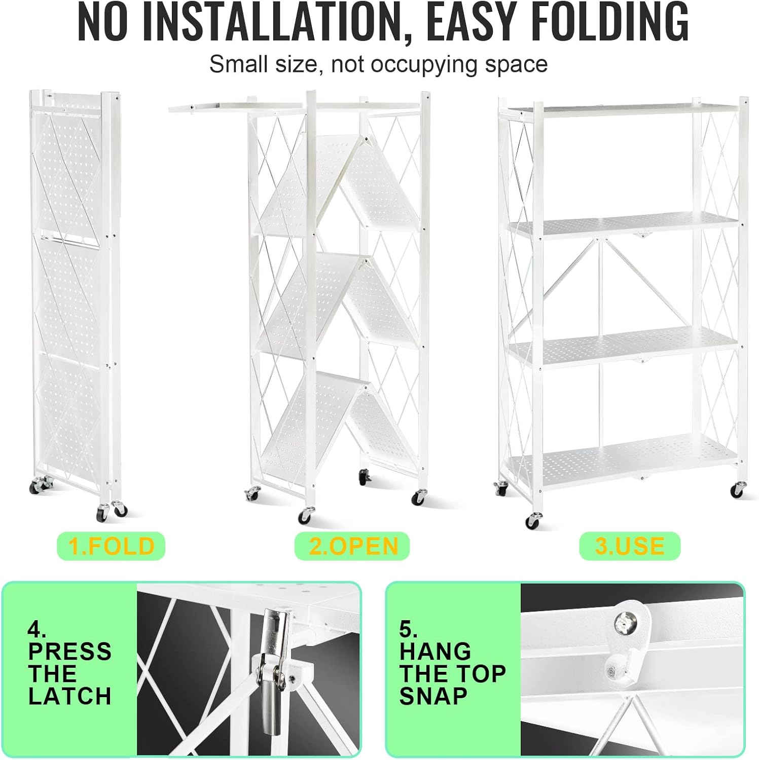 4-Layer White Mobile Folding Kitchen Storage Rack – No-Installation, Thickened Multi-Purpose Shelf (White) Image