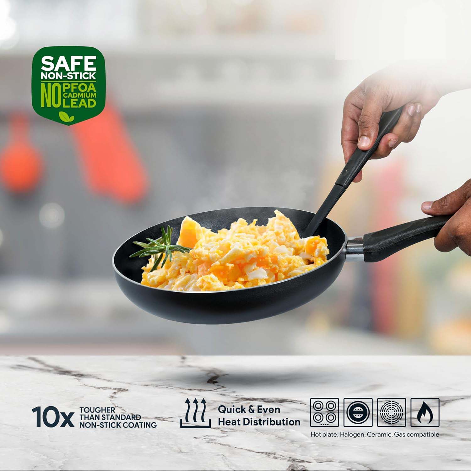 10-Piece Nonstick Cookware Set - Aluminum, Glass Lids, Casserole, Saucepan, Frypan, Nylon Turner, Dishwasher Safe (Black) Image