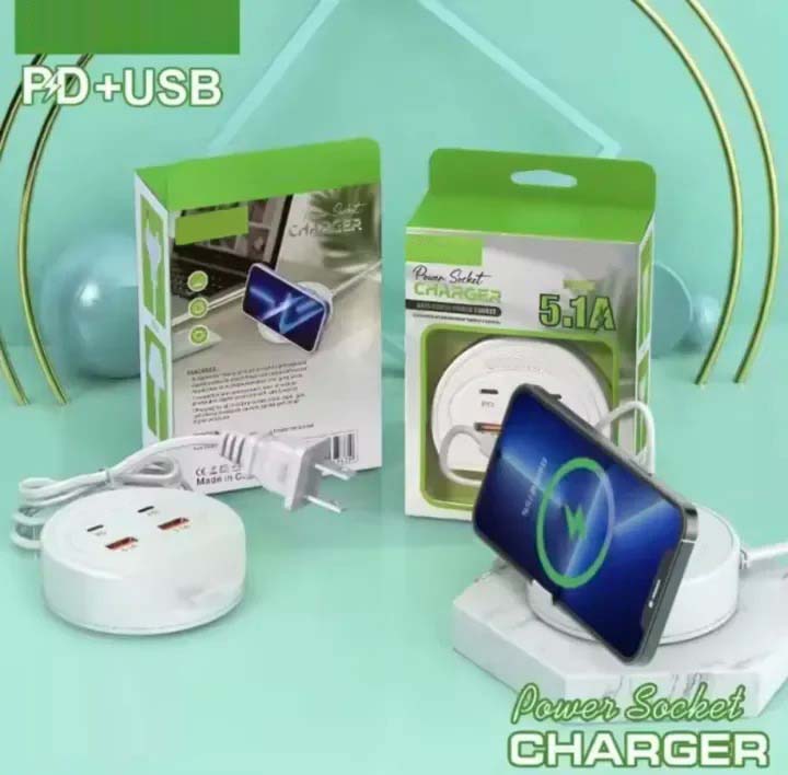 Quick Charge 5.1A Charger with Dual PD+USB Ports - Universal Multi-Port Charging Station with Mobile Phone Holder | 5V/5.1A Multi-U Port Charger for Fast, Convenient Charging | Compatible with All Mobile Phones Image