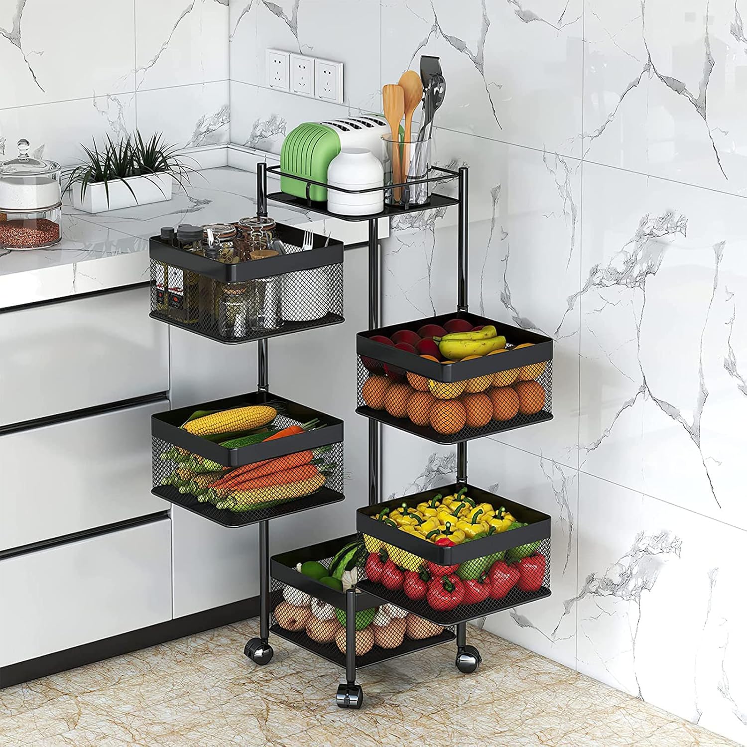 5-Layer Mobile Storage Solution | Rotatable Baskets with Wheels | Elegant Black | 92cm Image
