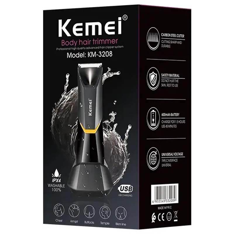 Kemei KM-3208 Professional Body Hair Trimmer. LED light, USB charging, waterproof for precise men & women intimate shaving. Image