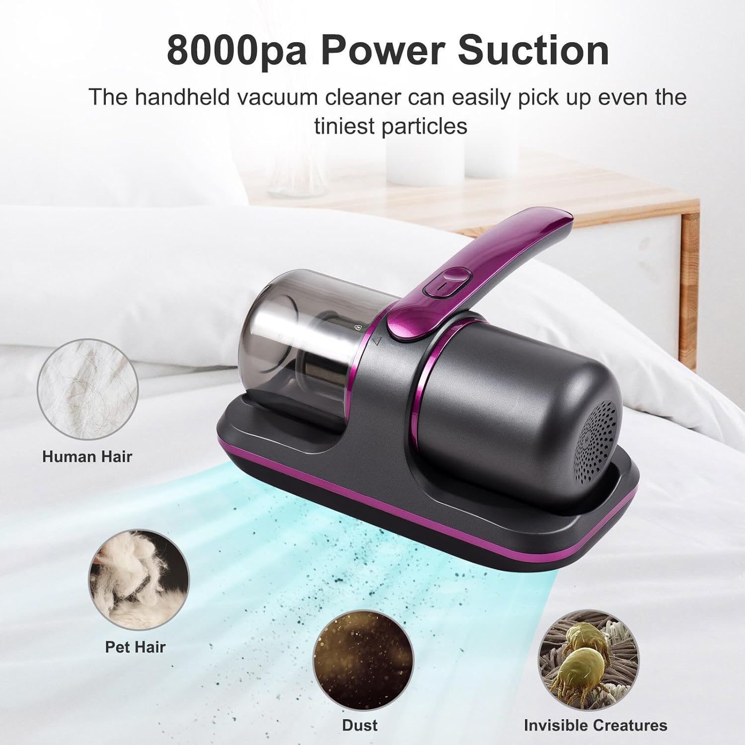 100W Cordless Mattress Vacuum - UV Bed Cleaner with 8000Pa Suction, 2 Speeds & 250ml Dust Cup for Bedding & Clothes Image