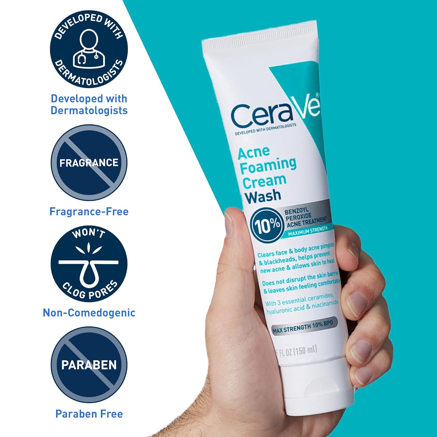 CeraVe Acne Foaming Cream Wash with 10% Benzoyl Peroxide. Treats breakouts on face & body, gentle with Niacinamide & Hyaluronic Acid. Image