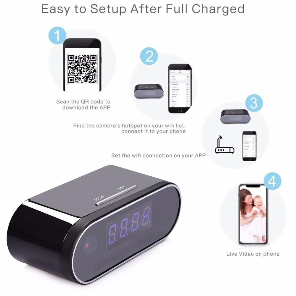 Wireless WiFi Table Clock – 1080P HD Mini Camera with Alarm, IR Night Vision, and Home Security DVR Image