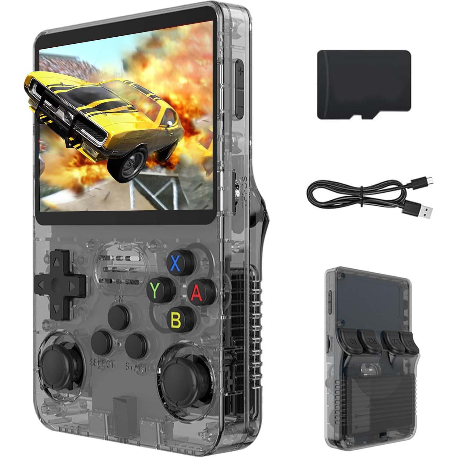 R36S Retro Handheld Game Console. 3.5" IPS, 64GB, 40,000+ classic games. Open-source ARKOS, 3500mAh battery for long play. Image