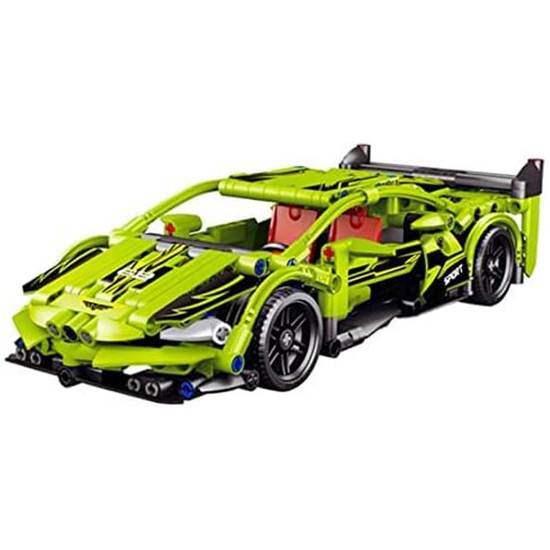 Come Alive Tech Sport Racing Car Building Set. 439-piece green DIY bricks with pull-back function for kids. STEM construction toy. Image