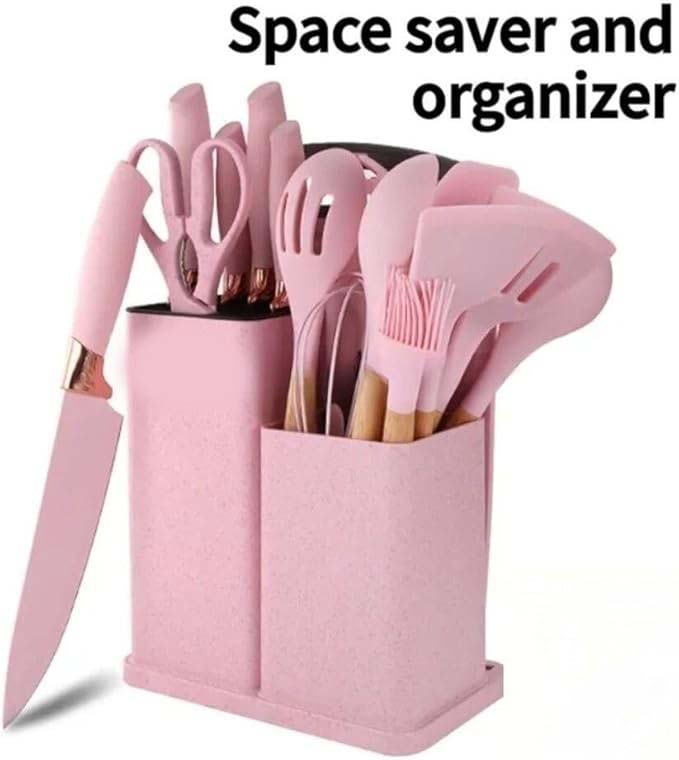 19-Piece Silicone Cooking Utensils & Knife Set with Block | Includes 11 Silicone Utensils, 5 Stainless Steel Knives, Scissors, Cutting Board | Pink Image