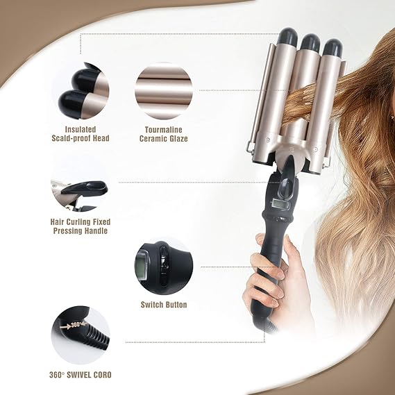 3-Barrel Ceramic Hair Curler Wand – Waver Curling Iron with LCD Display and 14 Adjustable Temperatures (80-210°C) Image