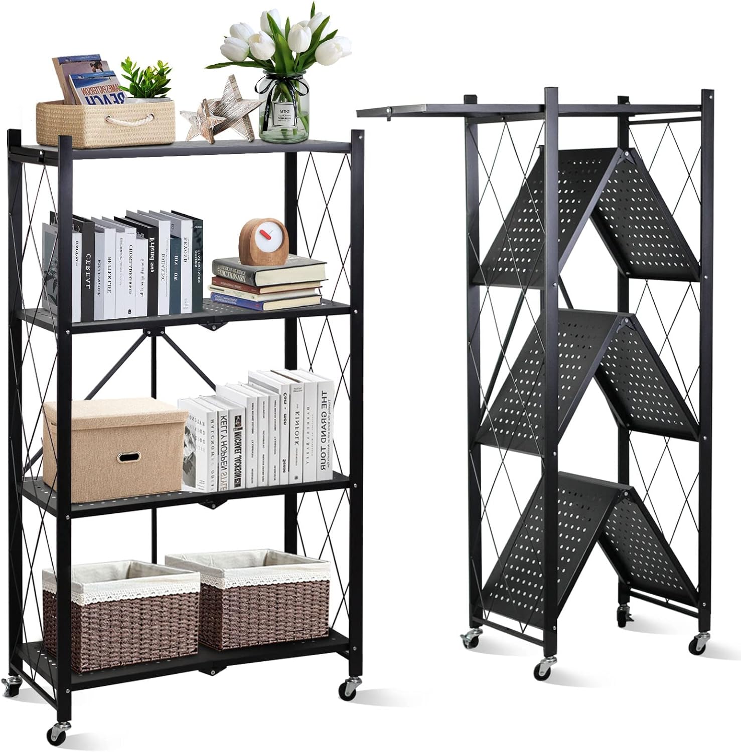 4-Layer White Mobile Folding Kitchen Storage Rack – No-Installation, Thickened Multi-Purpose Shelf (Black) Image