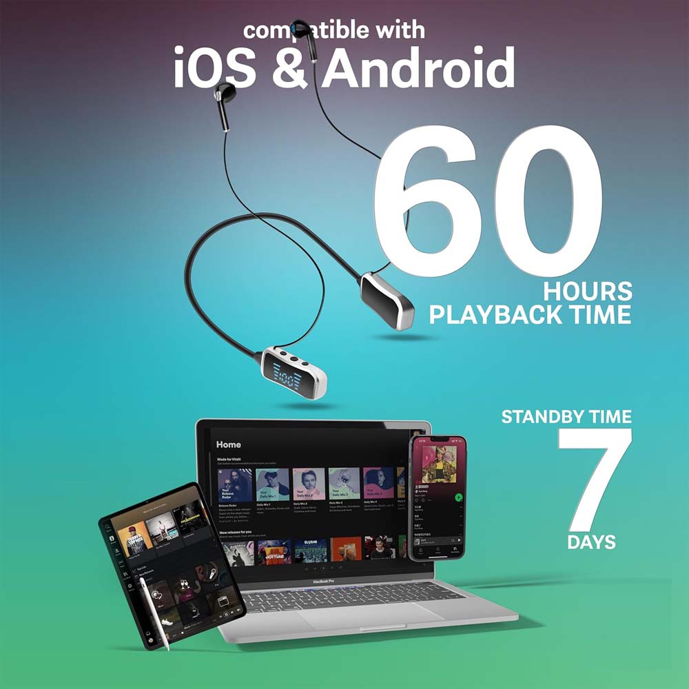 GHF-01 Wireless Neckband Headphones. 60hr playback, LED screen, deep bass, SD card mode & rainproof. Type-C charging. Image