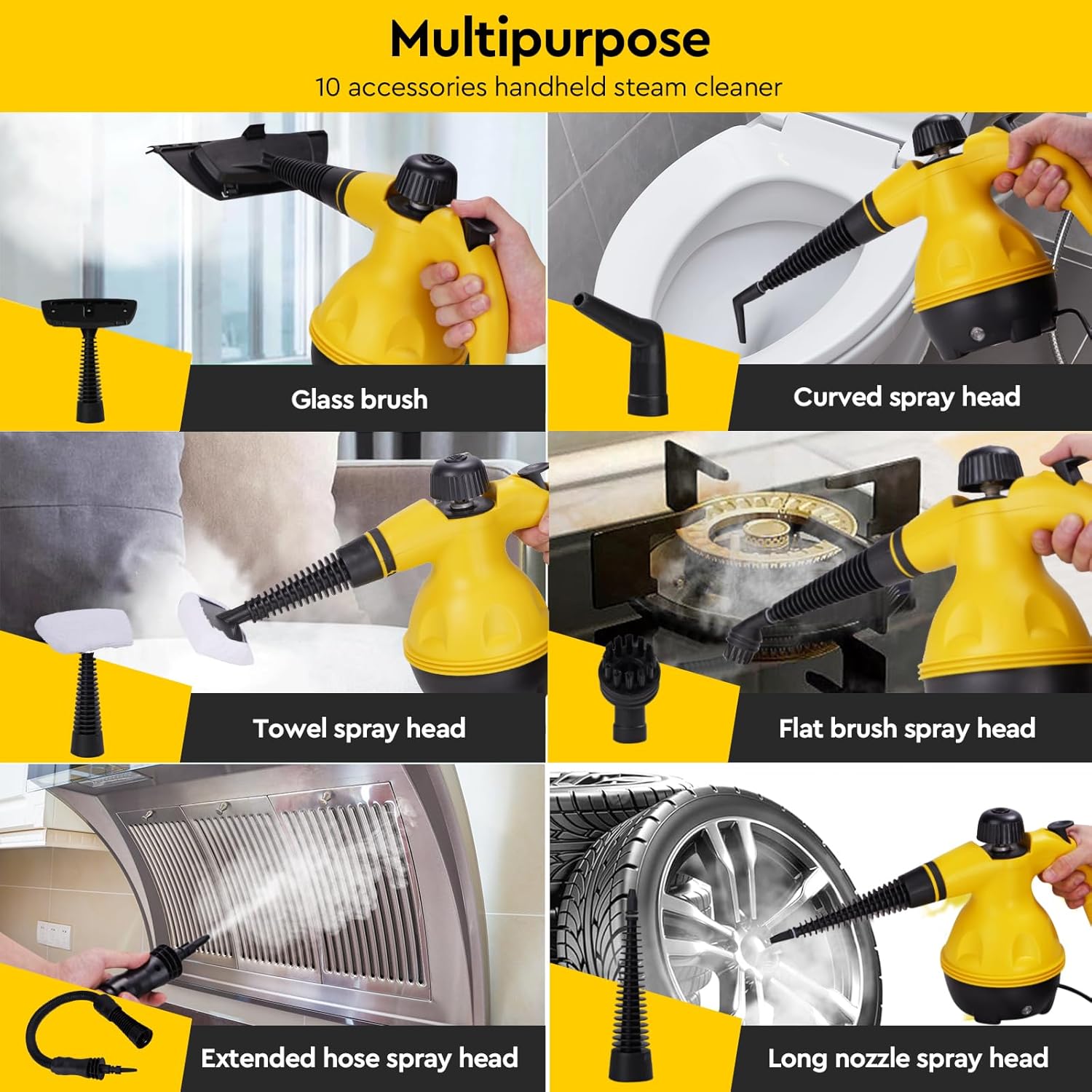 Powerful Pressurized Handheld Steam Cleaner - 9pc Kit for Multi-Surface Cleaning (Kitchen, Bathroom, Car, Windows, Grime Image