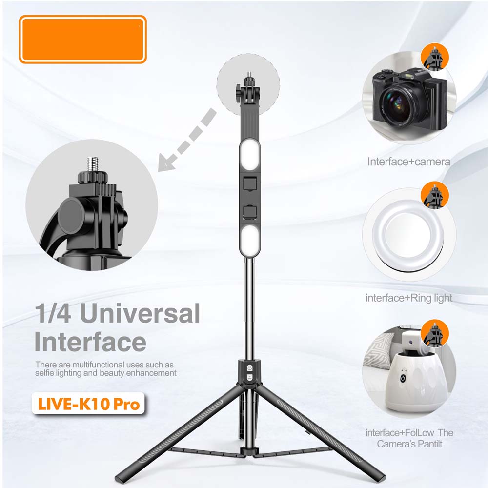 Live K10 PRO 6.5 Feet Tripod Stand Selfie Stick with 2 Chargeable Lights, Bluetooth Remote, 360° Rotatable, Compitable for DSLR, Smartphone, Vlogging, YouTube Image