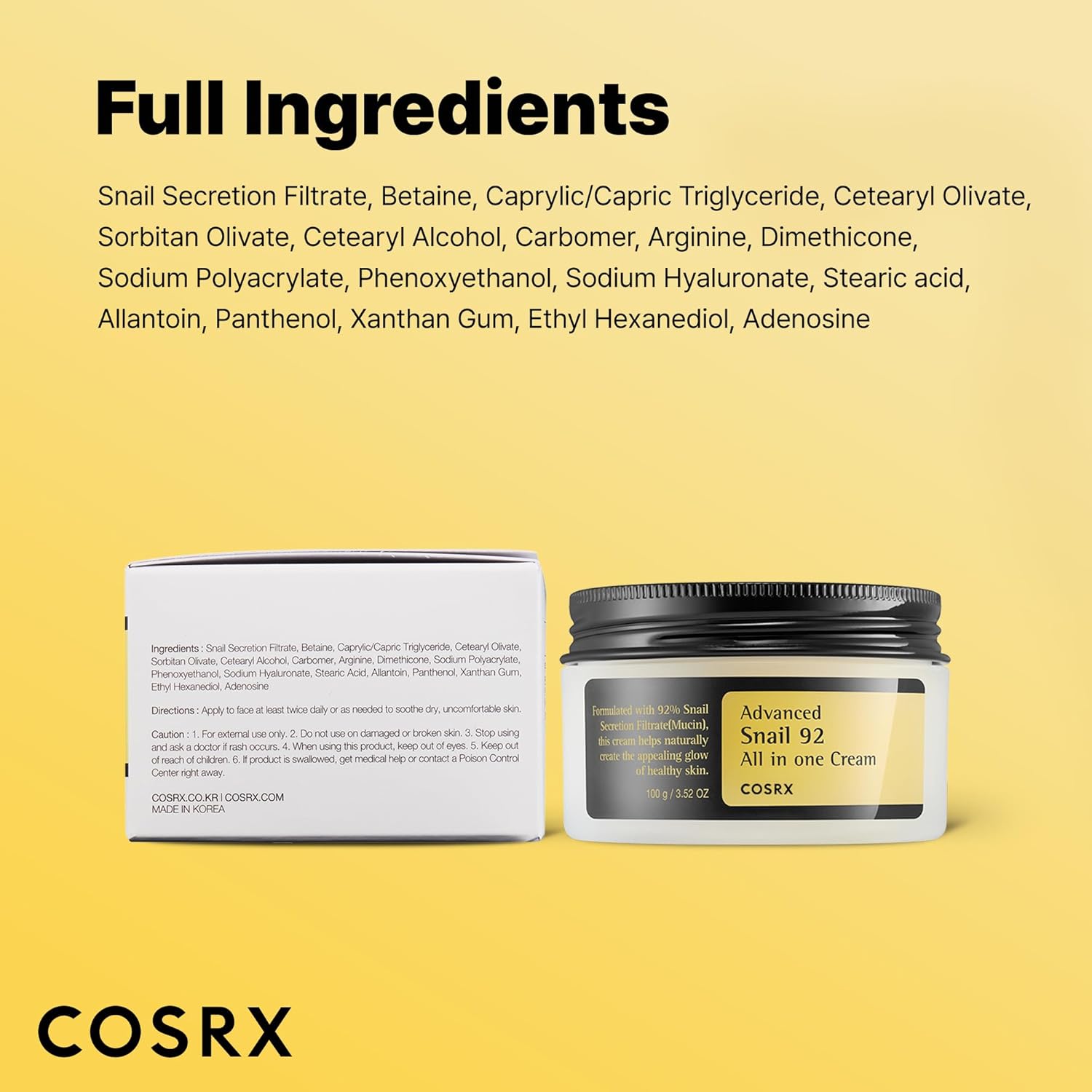 COSRX Advanced Snail 92 All In One Cream - 100g Korean Moisturizer with 92% Snail Mucin for Hydration & Repair Image