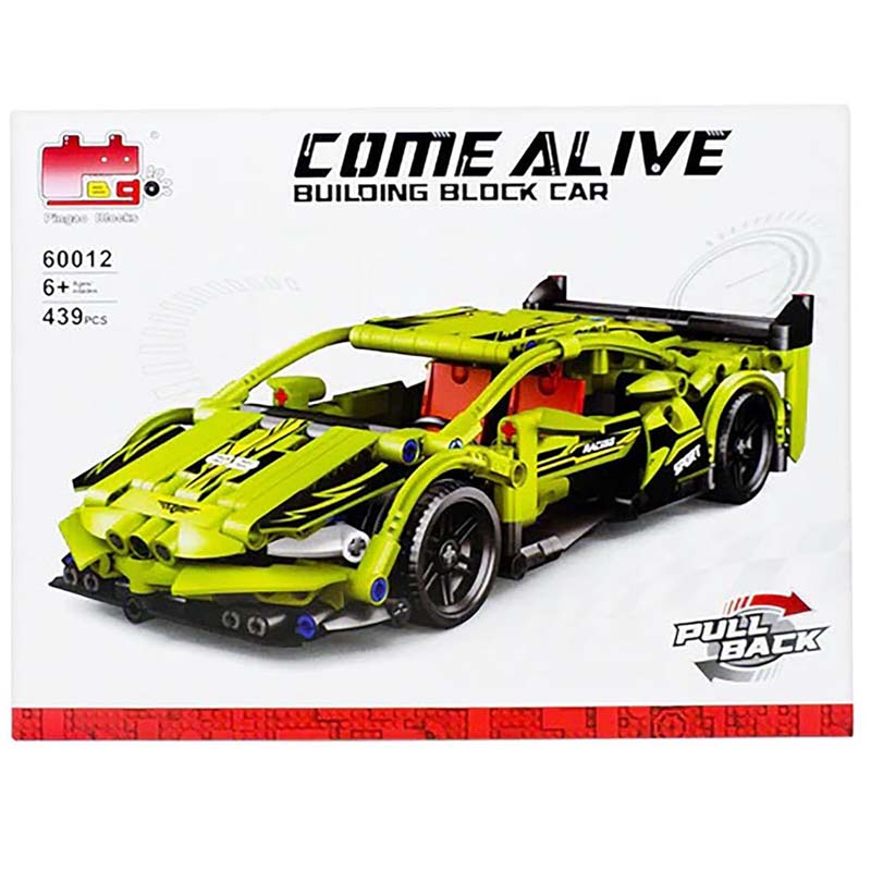 Come Alive Tech Sport Racing Car Building Set. 439-piece green DIY bricks with pull-back function for kids. STEM construction toy. Image