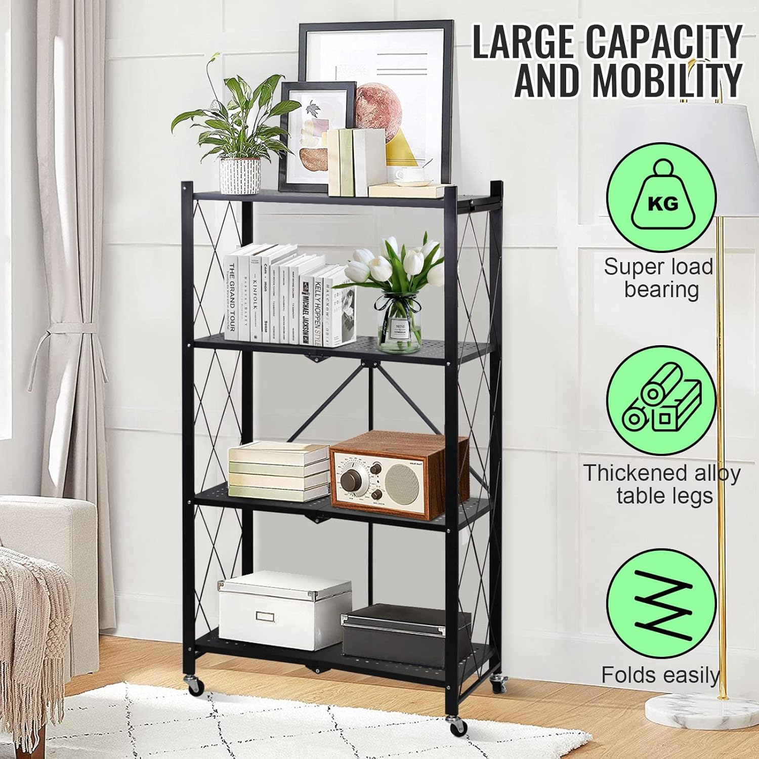 4-Layer White Mobile Folding Kitchen Storage Rack – No-Installation, Thickened Multi-Purpose Shelf (Black) Image