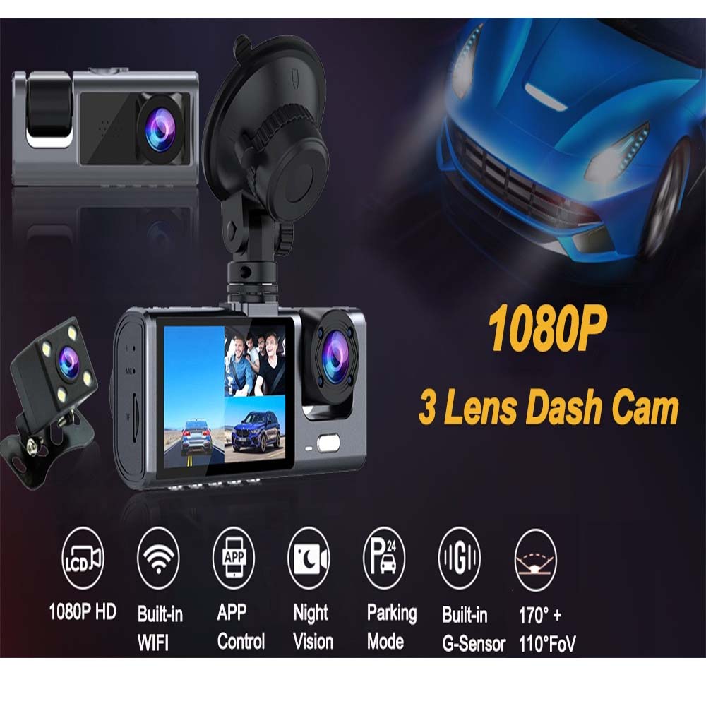 4-Inch Triple-Lens WiFi Dash Cam - Front/Rear/Inside Recording, Mobile App Control, Night Vision & Parking Monitor Image