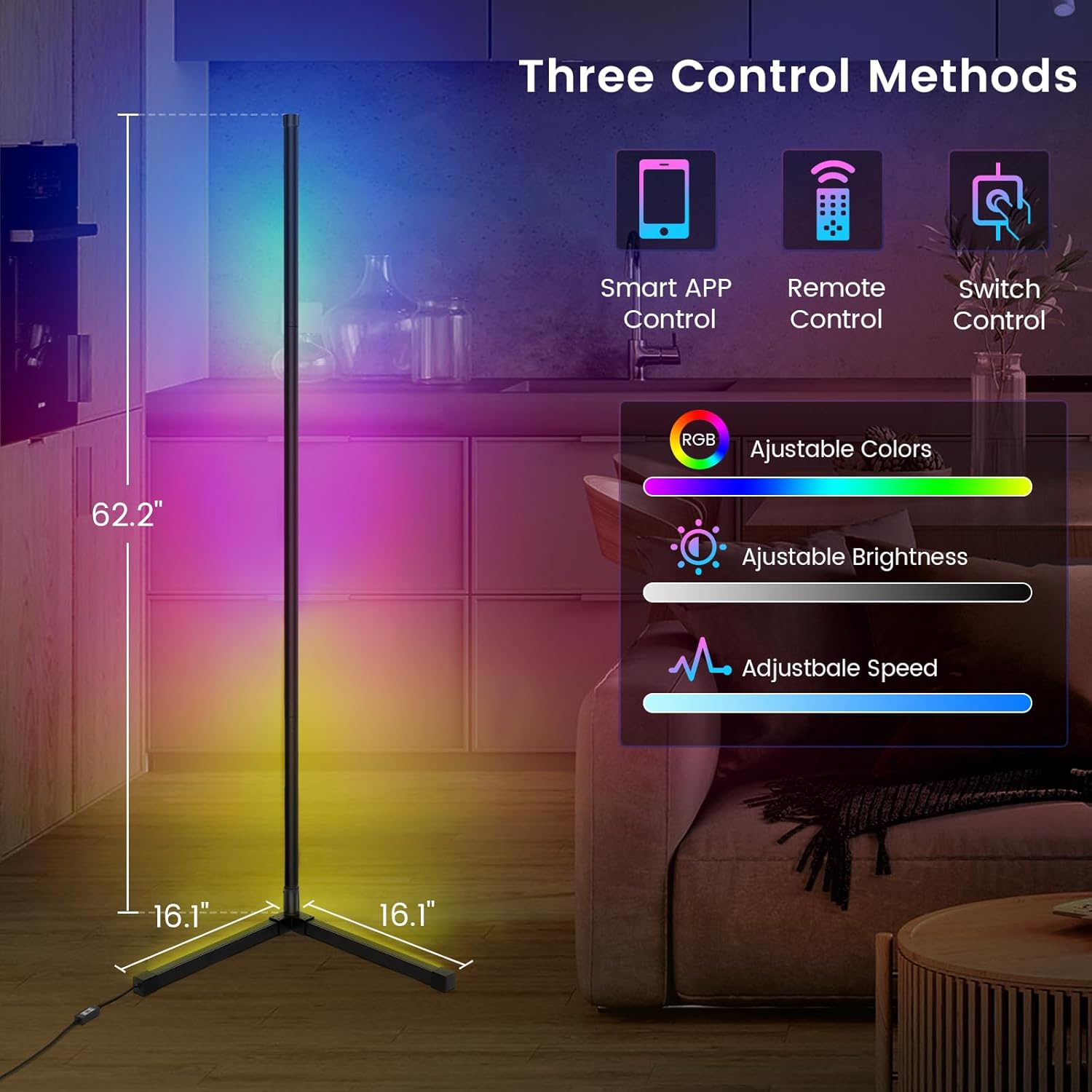 Smart RGB LED Floor Lamp, 62.2” Corner Light with APP & Remote Control, Music Sync & Timer, Modern Color-Changing Mood Lighting for Living Room, Bedroom, Gaming Room Image