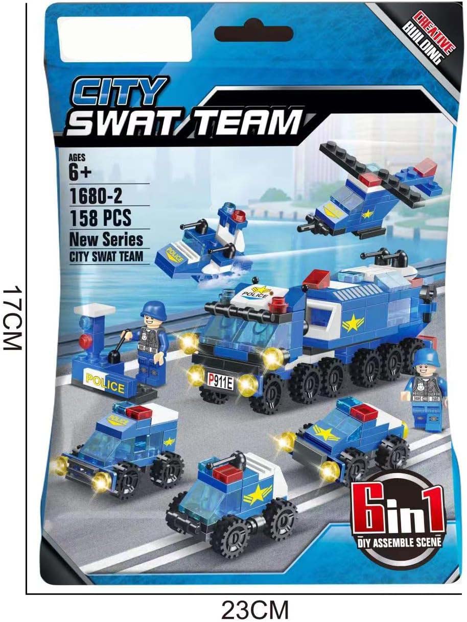 6-in-1 City SWAT Police Vehicle Building Blocks Set – 158-Piece DIY Assemble Scene with Modern Buildings & Character Dolls for Kids 6+ Image
