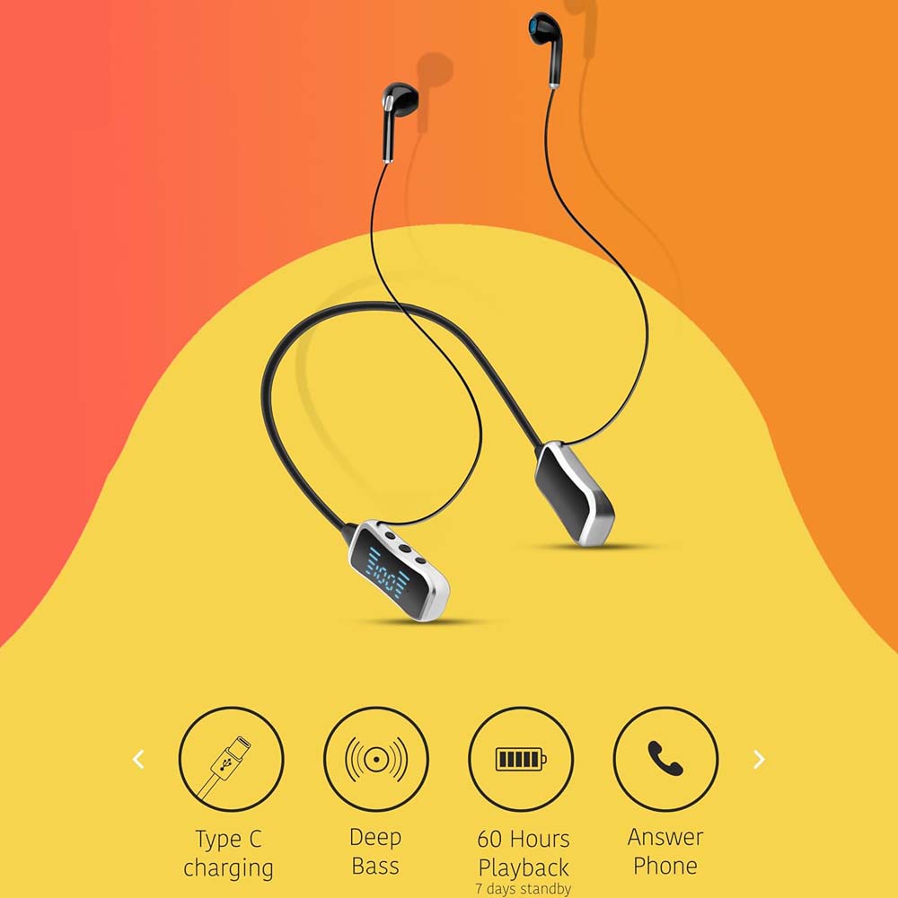 GHF-01 Wireless Neckband Headphones. 60hr playback, LED screen, deep bass, SD card mode & rainproof. Type-C charging. Image