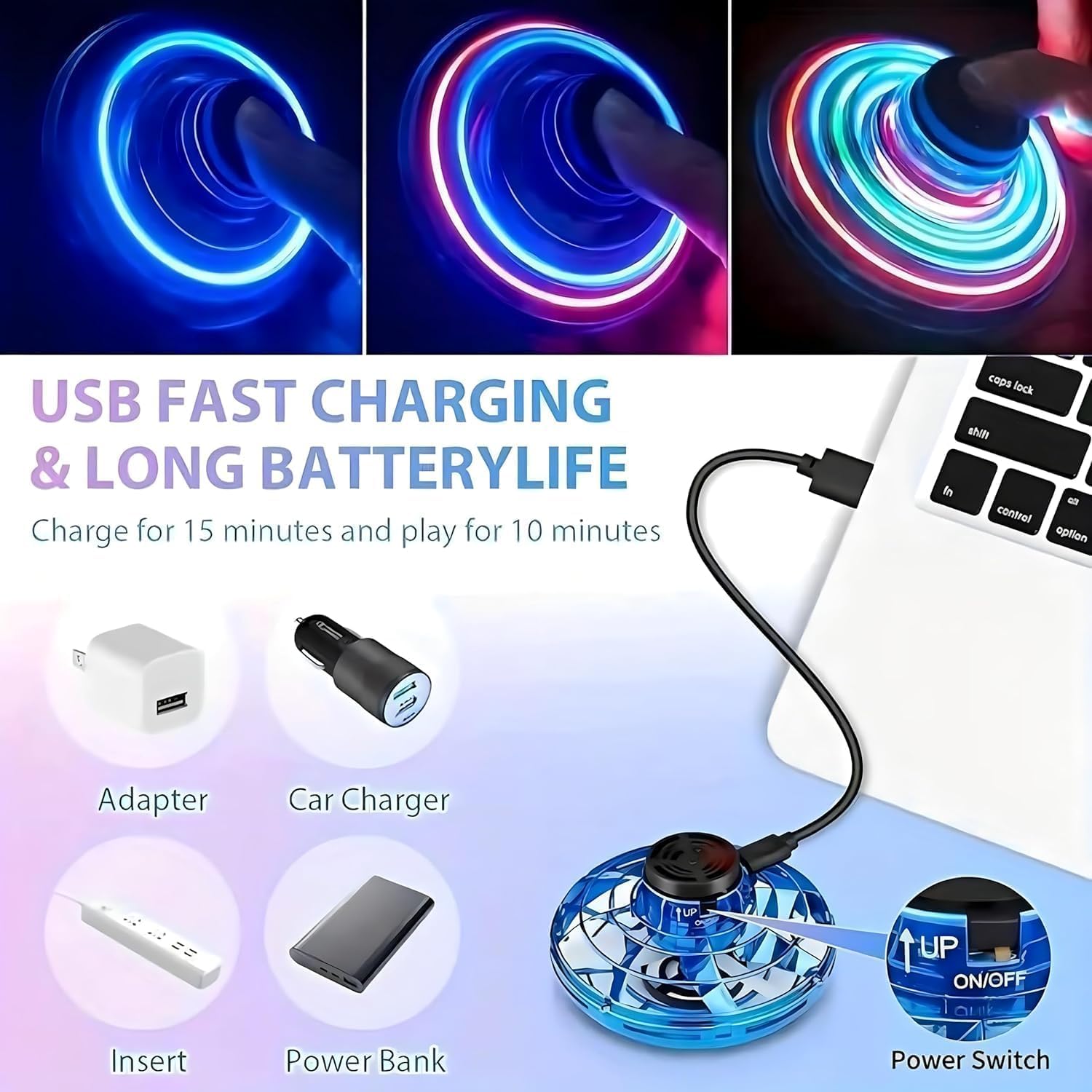 UFO Hand Controlled Mini Drone LED flying fidget spinner with 360° rotation. USB rechargeable toy for boys & girls. Image