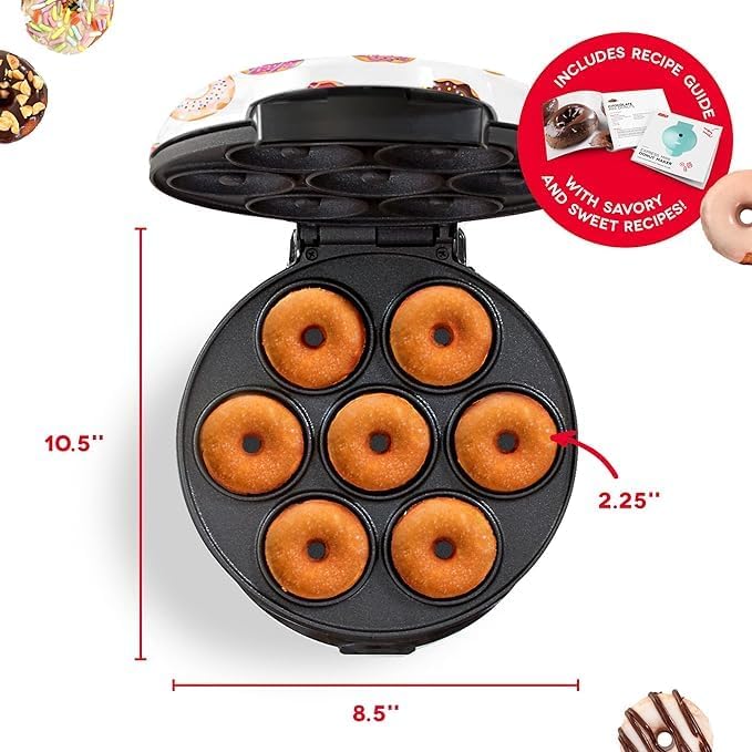 Mini Donut Maker Machine – Kid-Friendly Breakfast and Snack Maker with Non-Stick Surface, Delightful Donut Print Design, Makes 7 Doughnuts (Multi) Image