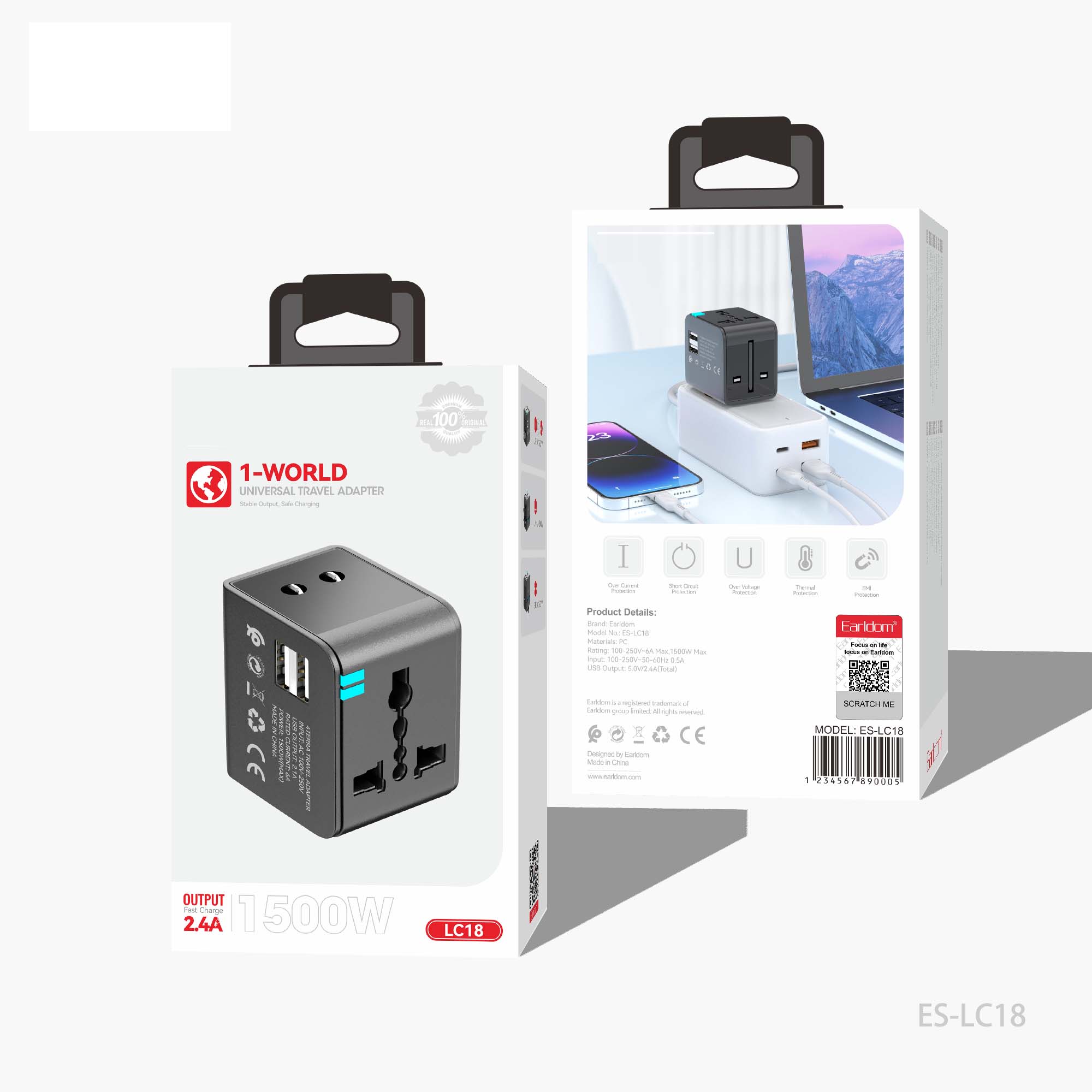 Universal Travel Adapter - Worldwide Mobile Charger with USB and Type-C Ports, High-Speed 1500W Output for International Use, with Multi-Protection Features Image