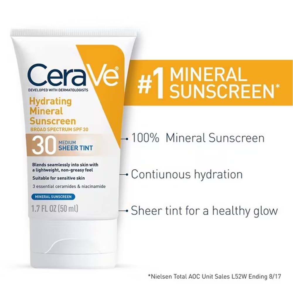 CeraVe Hydrating Mineral Sunscreen Face Lotion SPF 30 with Sheer Tint – 100% Mineral Filter, Broad Spectrum Protection & Healthy Glow Finish Image