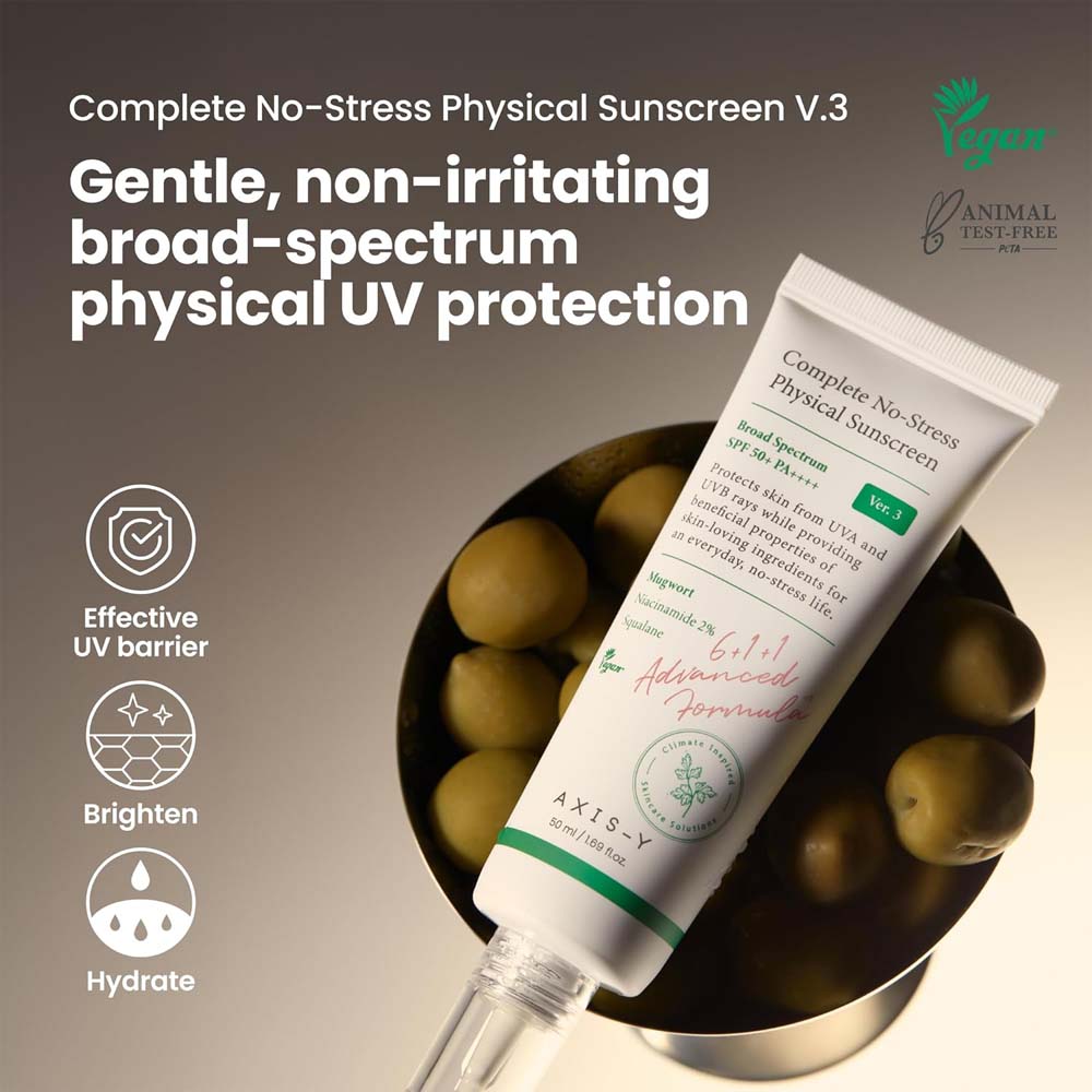 AXIS-Y No-Stress Physical Sunscreen V3. SPF 50 mineral sunblock with Niacinamide for sensitive, acne-prone skin. Vegan Korean skincare. Image