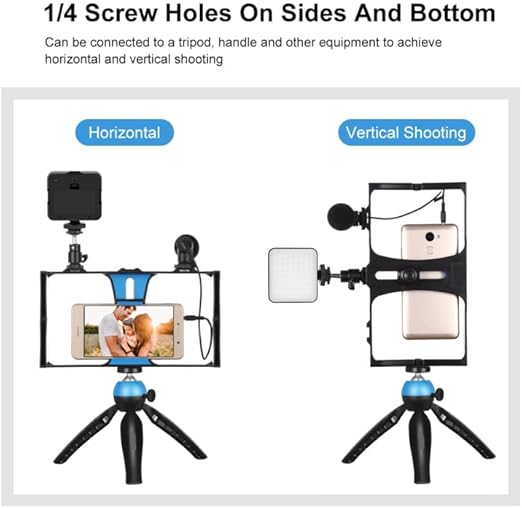 4-in-1 Vlogging Live Broadcast LED Selfie Fill Light Kit – Smartphone Video Rig with Microphone, Tripod Mount, and Cold Shoe Tripod Head - Blue Image