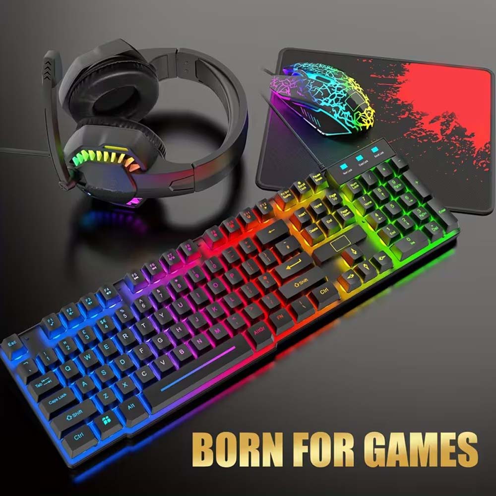 4-in-1 Gaming Combo: Wired Keyboard, Mouse, Headset & Mouse Pad. Rainbow LED backlit for PC, PS4, Xbox. Complete gaming setup. Image