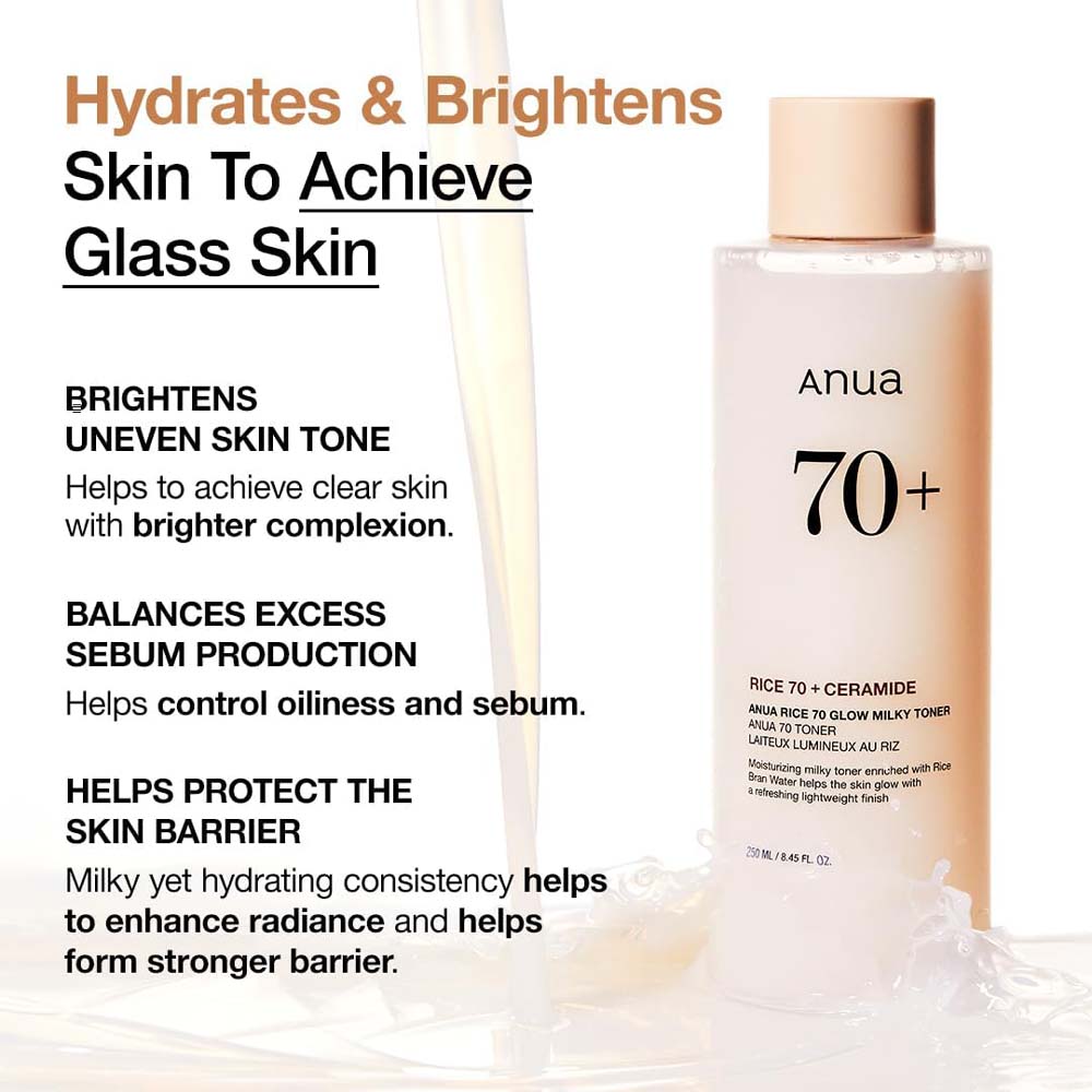 ANUA Rice 70 Glow Milky Toner. Nourishing rice water toner for glass skin. With Niacinamide & Ceramides. 250ml. Image