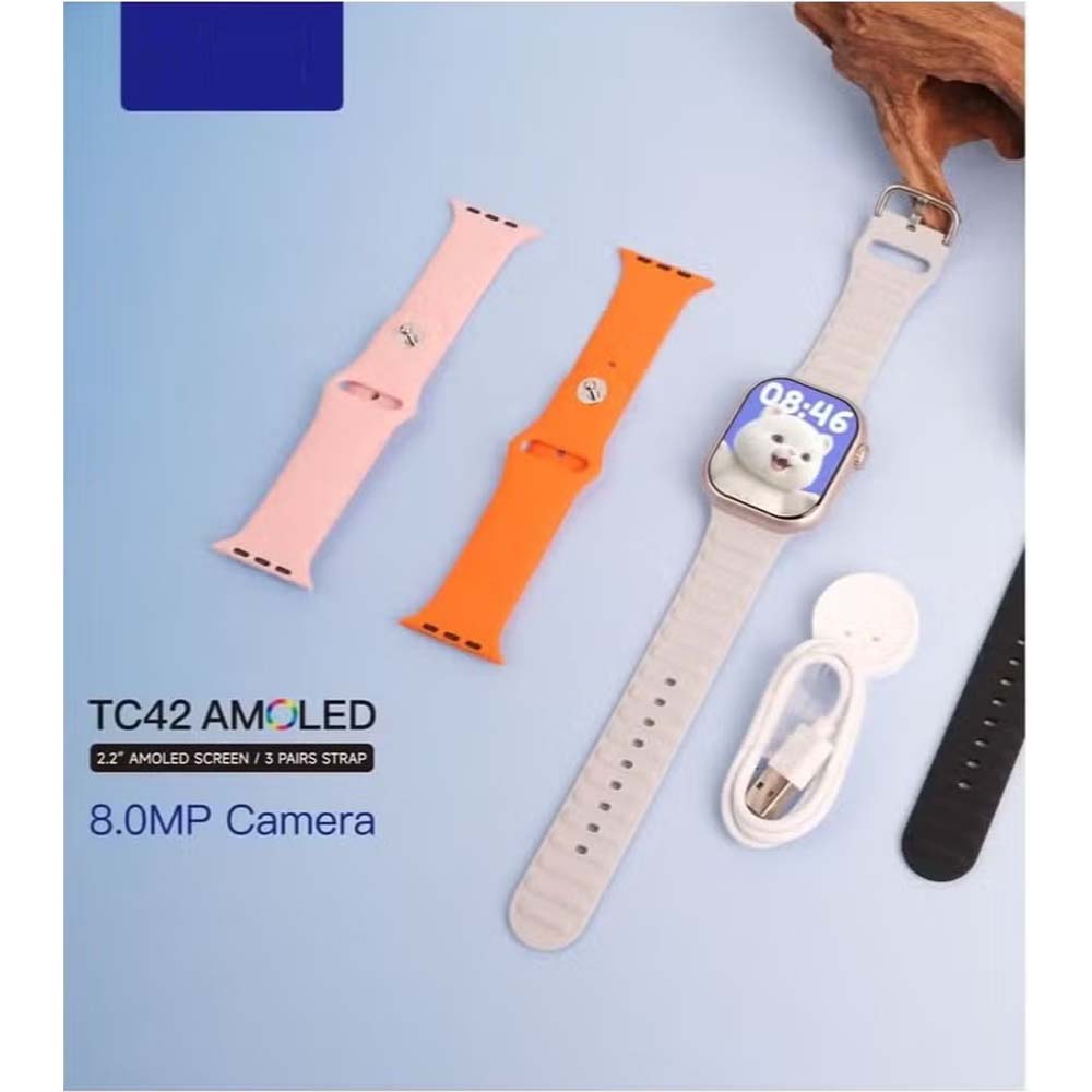 TC42 AMOLED 4G Smartwatch. 2.2" display, 8MP camera, SIM card slot. Unisex design with 3 straps in silver. Image