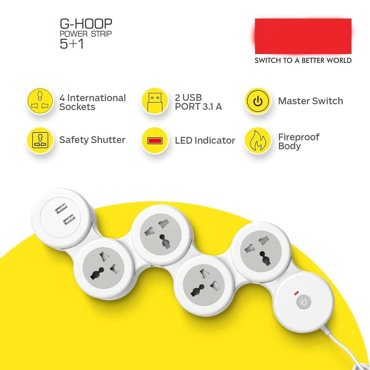 3276 Cuba Power Strip with 2 USB 3.1A, Master Switch, 4 International Sockets, Safety Shutter, 1.8 m Cable – Ideal for Home & Office Image