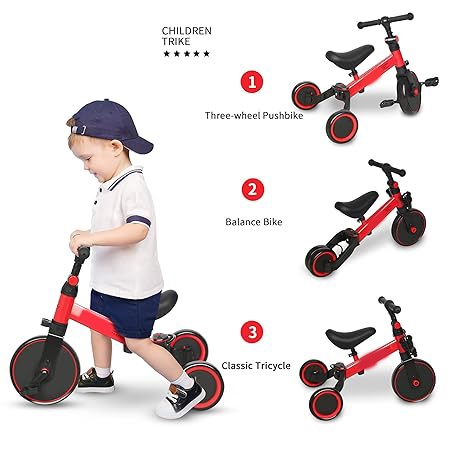 3-in-1 Kids Tricycle Toddler Bike | 3-Wheel Kids Trike for Boys & Girls with Adjustable Seat, Handlebar, and Removable Pedals (Red) Image