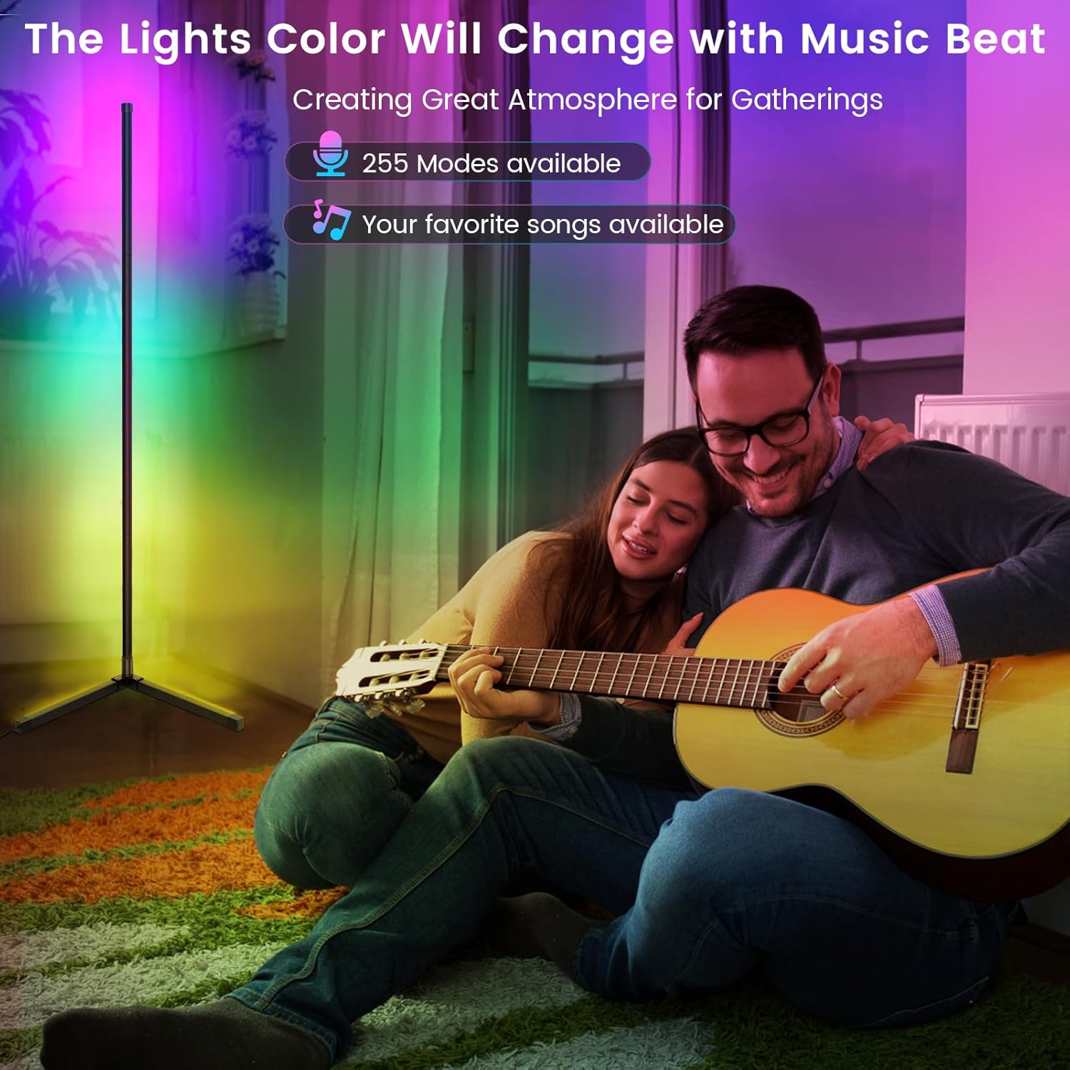 Smart RGB LED Floor Lamp, 62.2” Corner Light with APP & Remote Control, Music Sync & Timer, Modern Color-Changing Mood Lighting for Living Room, Bedroom, Gaming Room Image