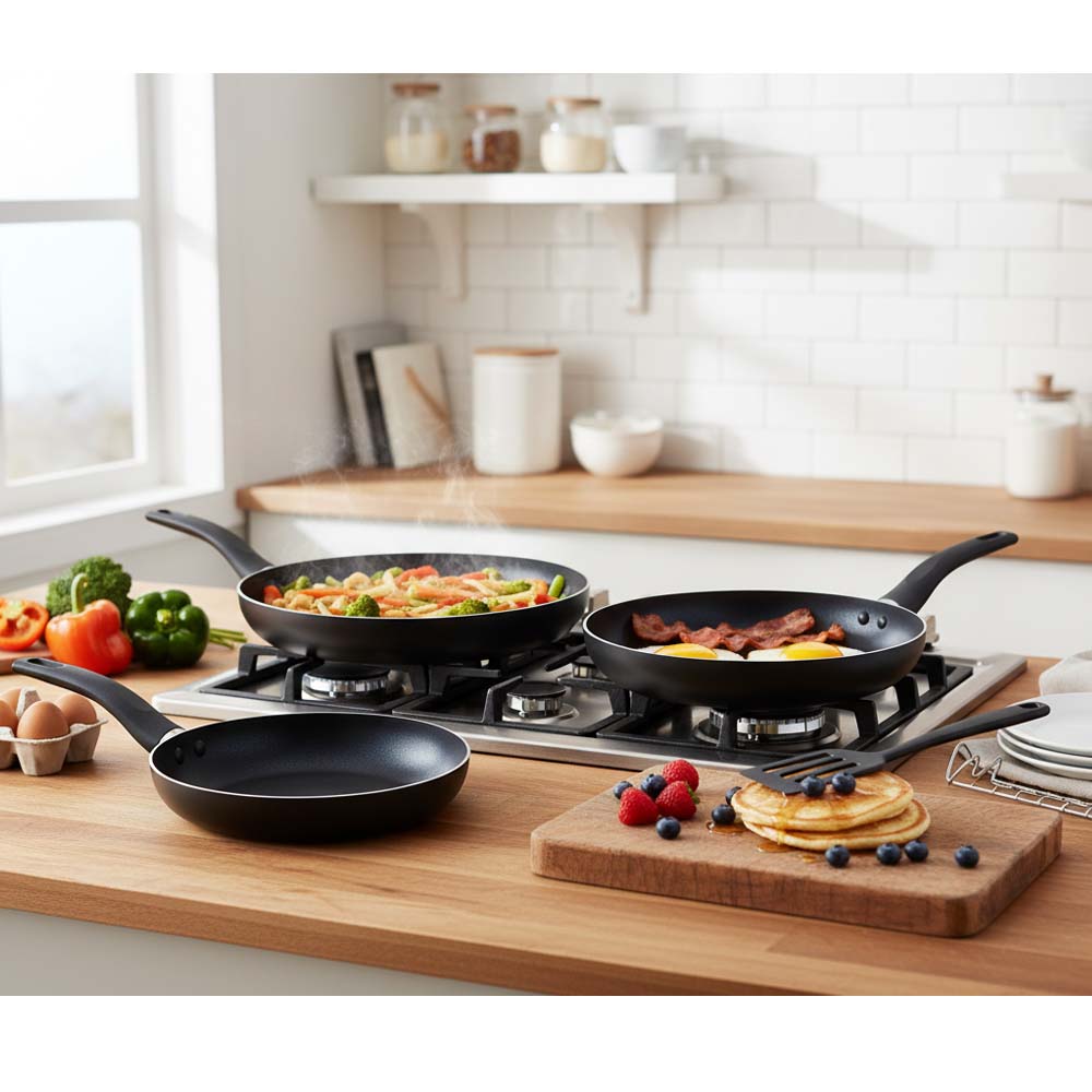 OE-017 4-Piece Non-Stick Frying Pan Set. 3 pans & nylon spatula in 20cm, 24cm, 26cm. Dishwasher-safe aluminum body. (Black) Image