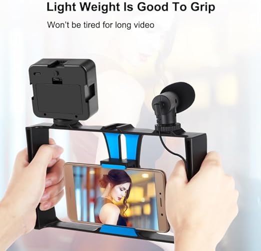 4-in-1 Vlogging Live Broadcast LED Selfie Fill Light Kit – Smartphone Video Rig with Microphone, Tripod Mount, and Cold Shoe Tripod Head - Blue Image