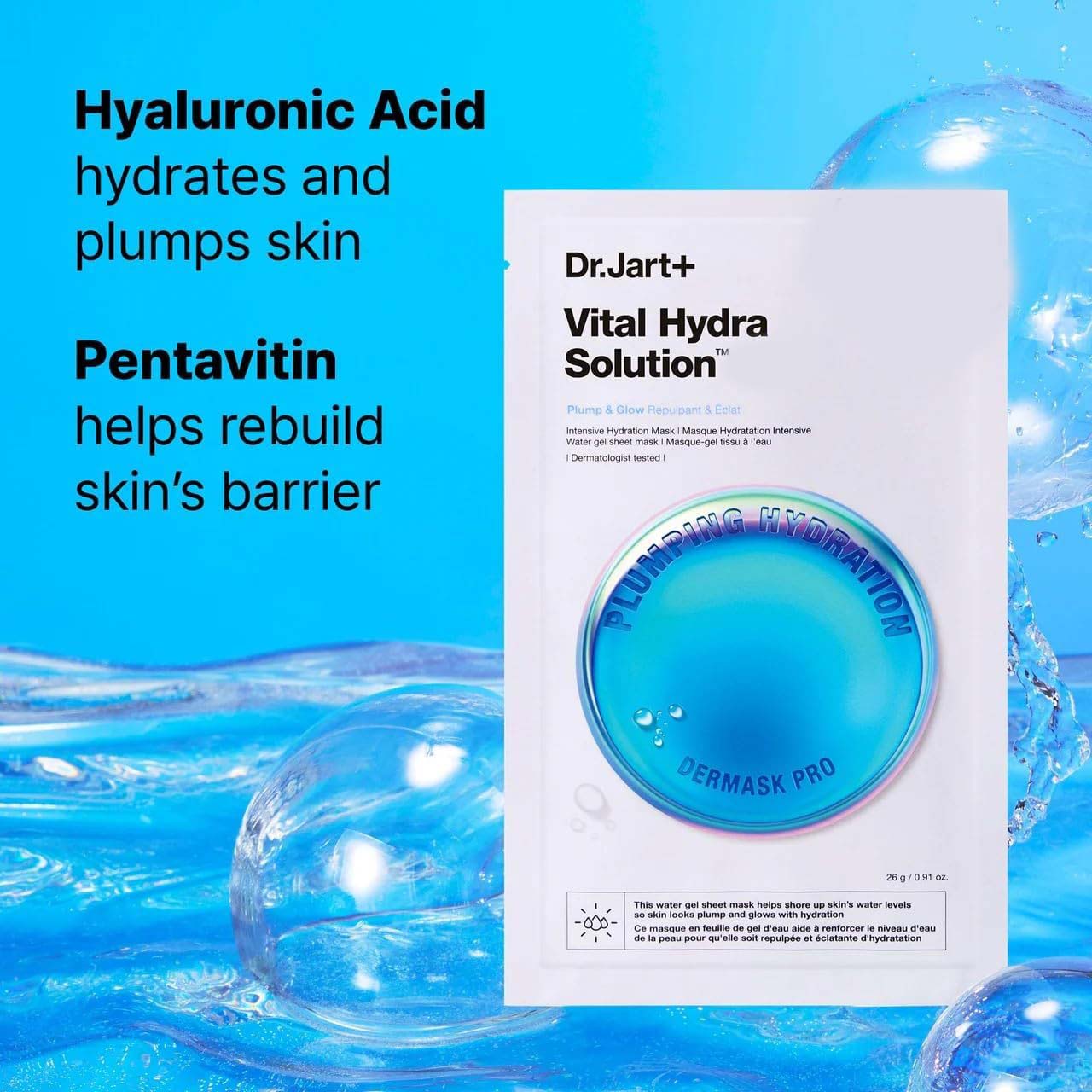 Dr. Jart+ Dermask Vital Hydra Solution Glow Face Mask. Hyaluronic Acid sheet mask for intense hydration & a radiant glow. Image